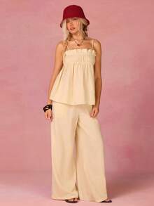 Athîral Cream Ruched Camisole Top And Tie Front Wide Leg Pants 2 Pieces Set For Women - Yellow - View 4