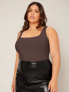 EMERY ROSE Plus Size Women Summer Casual Everyday Commute Minimalist Solid Color Square Neck Fitted Tank Top - Brown - View 6