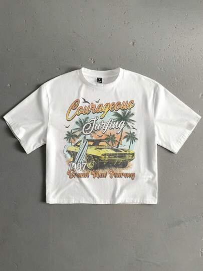 StoneGrade 复古美式度假风汽车海岸线印花宽松白色短袖T恤，时尚休闲穿搭，约会聚会必备，送给男友的理想礼物