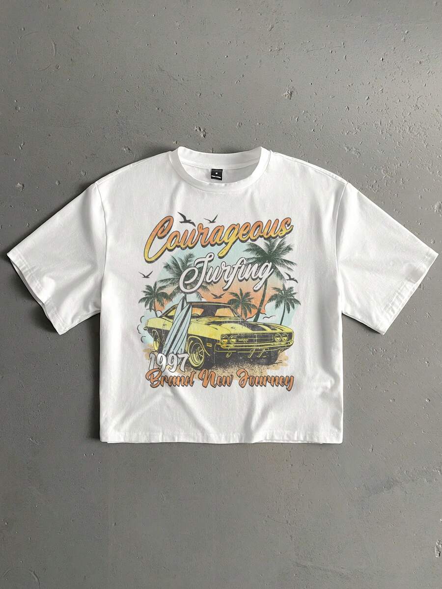 StoneGrade 复古美式度假风汽车海岸线印花宽松白色短袖T恤，时尚休闲穿搭，约会聚会必备，送给男友的理想礼物 - 白色 - 查看 1