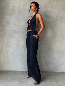 Aloruh Bộ đồ nữ mùa xuân/hè mới màu mơ, gồm áo khoác không tay cổ yếm buộc dây và quần ống rộng đính hạt, thích hợp mặc đi biển/nghỉ dưỡng/thường ngày. - Màu xanh hải quân - Xem 4