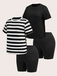 Muchica 2pcs Plus Size Women Solid Color & Striped Round Neck Short Sleeve T-Shirt And Shorts Casual Suit - Multicolor - View 13