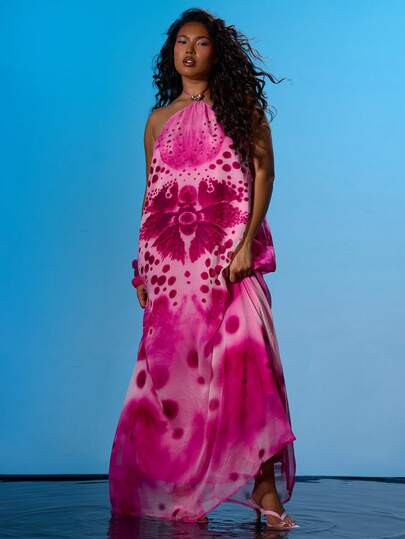 MUSERA Đầm maxi dáng rộng, cỡ lớn, chất liệu chiffon in hoa, cổ yếm, viền ren, thích hợp cho mùa xuân hè, đi nghỉ mát, du lịch biển, phong cách Y2K, Ibiza, dễ thương, gợi cảm, dự tiệc, lễ hội, đám cưới, khách mời, cơn sốt nhiệt đới.