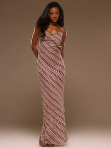 MUSERA Burgundy Textured Striped Cowl Front Low Back Straight Fit Slip Maxi Dress,Summer Elegant Bar Party Vacation Beach Ibiza Festival Holiday Graduation - Multicolor - View 1