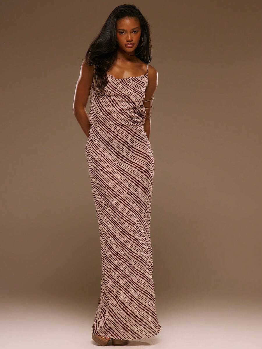 MUSERA Burgundy Textured Striped Cowl Front Low Back Straight Fit Slip Maxi Dress,Summer Elegant Bar Party Vacation Beach Ibiza Festival Holiday Graduation - Multicolor - View 1
