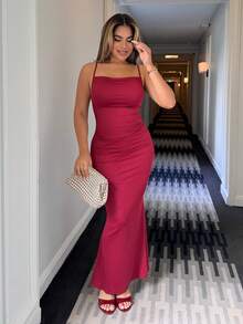 Maria Perezxox 纯色褶饰吊带连衣裙 酒红色 长款女装 - 酒紅色 - 查看 5