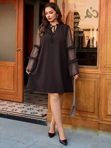 SHEIN Clasi Plus Size Women's Brown Retro Casual Loose Tie-Waist Mesh Sleeve Dress, Early Spring - Brown - View 7