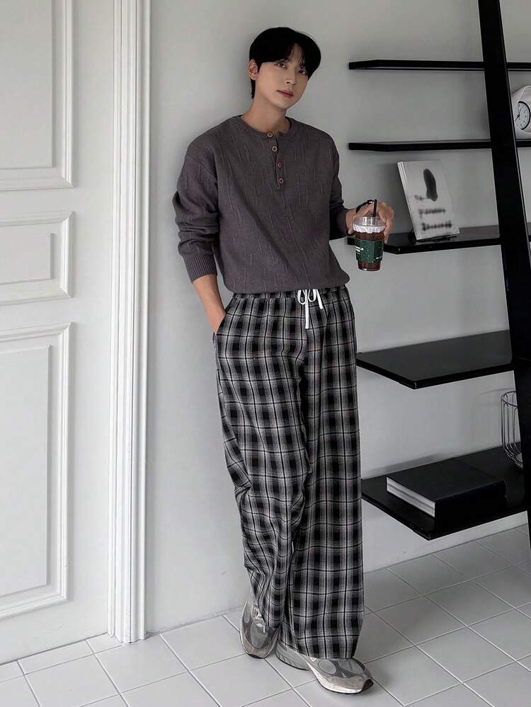 Men's Loose Fit Long Pants With Contrast Waistband And Plaid Pattern, Suitable For Spring And Autumn Summer