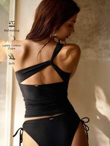 MOTF PREMIUM MINIMALIST ASYMMETRIC SHOULDER DESIGN HOLLOW BACK STRUCTURE WOMEN BEACH VACATION TANKINIS TOP - Black - View 1