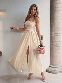 Lucivie Women's Pale Yellow Embroidered Strapless Long Dress,Elegant White Floral Summer Holiday Vacation,Party Wedding Guest Beach Casual Evening Gown - Apricot - View 7