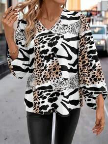 SHEIN Clasi 女士豹纹V领长袖衬衫，优雅日常穿着，黑白 - 黑與白 - 查看 3