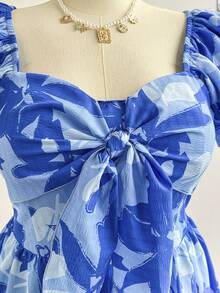 Soleia Plus Size Women's Vacation Blue Floral Print Cap Sleeve Tie Front Mini Dress - Blue - View 3