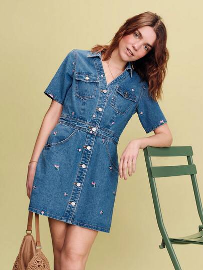 lacRébo Dark Blue Fitted Denim Mini Dress With Pink Floral Embroidery And A Cute A-Line Skirt Spring Summer French Style Parisian Style Vintage Dress Picnic Dress Cotton Dress Vacation Dress