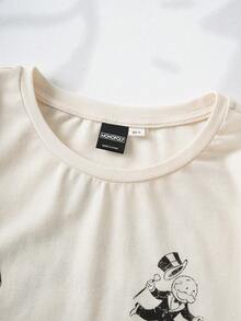 MONOPOLY X SHEIN 少女圆领卡通字母印花休闲百搭日常短袖T恤 - 杏色 - 查看 3