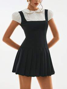 Poéselle Women's Cute Mini Dress With Peter Pan Collar And Puff Sleeves, 2 In 1 - Black and White - View 3