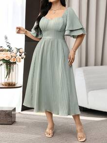 Feyla Plus Size Elegant Solid Color Waist Cinched Dress, Summer - Dusty Blue - View 7