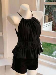 Comfortcana Camiseta sin espalda de color rojo sólido para mujer de talla grande, con lazo lateral, adecuada para usar en la calle y de vacaciones - Negro - Ver 3