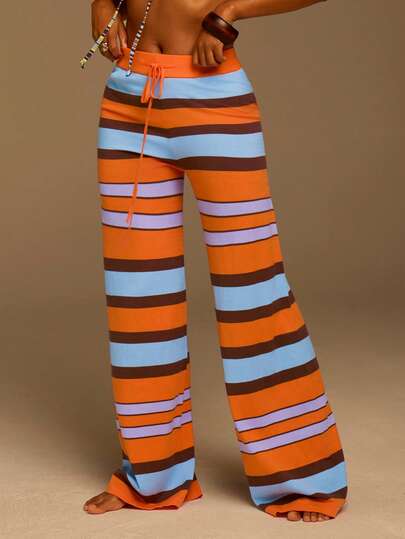 Athîral Women's Drawstring Waist Color Block Casual Loose Knit Wide Leg Pants, Versatile For Daily Wear