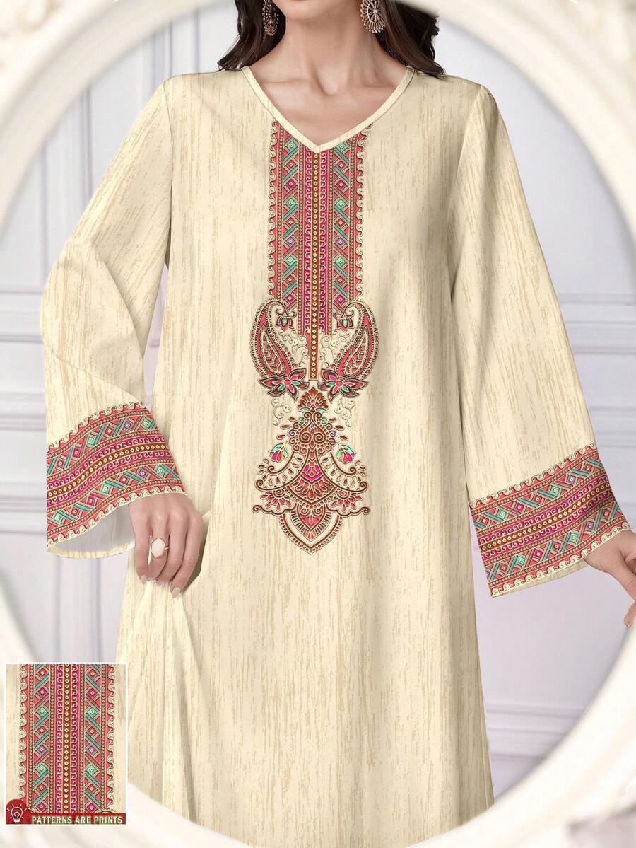 Al Najma Cashew Flower Geometric Pattern Print Textured V-Neck Women's Long Sleeve Maxi Dress, Elegant Arabic Style Outfit, Spring/Summer - Multicolor - View 1