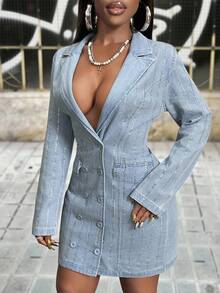 Slaydiva Sexy Fashion Deep V-Neck Double-Breasted Bodycon Denim Dress - Blue - View 3