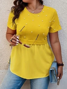 Elenzga Áo thun tay ngắn cổ tròn màu vàng đính ngọc trai cỡ lớn - Màu vàng - Xem 4