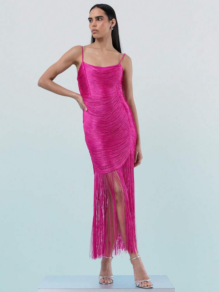 KSTM Damen knallpinkes gerafftes Bodycon Midi-Kleid mit Fransen-Saum Detail und Spaghettiträgern für Abend- und Cocktailpartys