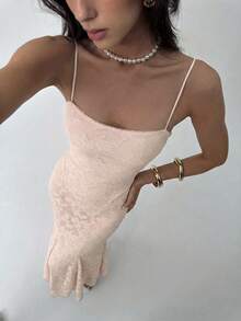 Aloruh 女士纯白色露背系带镂空鱼尾连衣裙，适合春夏、度假、婚礼穿着 - 淺粉色 - 查看 7