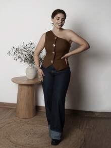 Lupita Cardoza 时尚优雅的 S 形性感不对称肩部金属扣装饰黑色女式衬衫，春夏季 - 紫紅色 - 查看 4