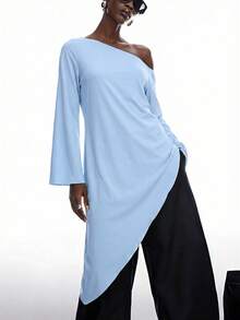 LYSMO 2026新款极简春夏女式纯色不对称领口不对称下摆时尚百搭度假长袖T恤 夏季/情人节/女士情人节/情人节/女士生日/外套/女士外套/优雅女士衬衫/女士休闲衬衫/女士度假/Y2K/Y2K上衣/蓝色上衣/蓝色T恤 - 藍色 - 查看 3