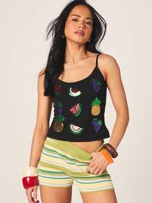 MISSGUIDED 女士黑色亮片水果贴片背心，饰有西瓜、菠萝和葡萄图案，适合夏季节日穿着。 - 黑色 - 查看 5