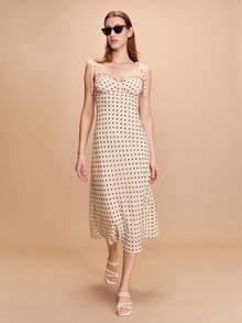 lacRébo Polka Dot Check Print Midi Dress With Tie Shoulder Straps Chic Spring Summer Chic Holiday Dress Elegant Vacation Dress Going Out French Style Parisian Style - Beige - View 4