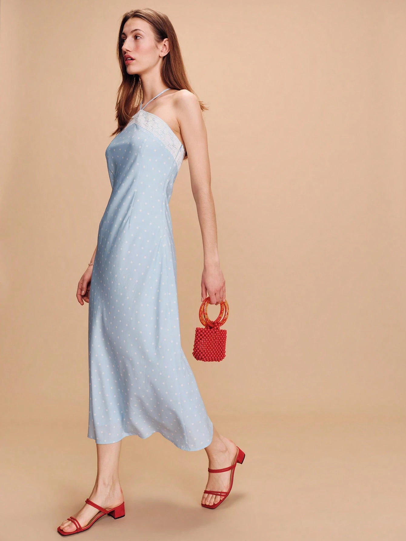 Sky Blue Polka Dot Halter Neck Maxi Dress With Lace Trim Spring Summer Vacation Dress Holiday Dress Polkadot Evening Dress French Style Parisian Style