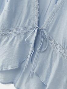 lacRébo Sky Blue Tie Front Blouse With Lace Inset Details Boho Cute Spring Summer Vacation French Style Parisian Style - Blue - View 9