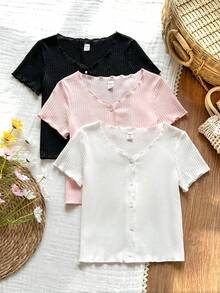 Vintaside Kids 3件装女童纯色罗纹针织V领短袖T恤，带荷叶边，百搭打底衫 - 彩色 - 查看 6