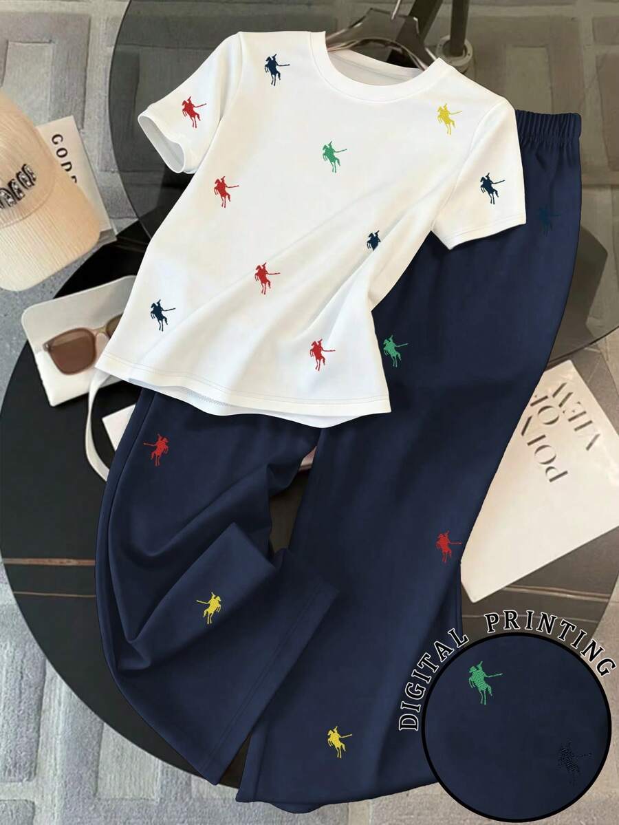 Resyla 女式全印花圆领短袖上衣和撞色裤子两件套 - 彩色 - 查看 1