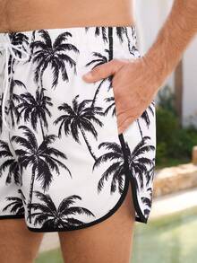 VIVINTIMO Pantalones cortos de playa con cordón en la cintura y estampado de árboles de coco para hombres en verano - Blanco y Negro - Ver 3