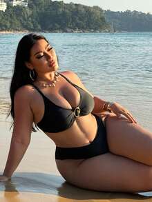 Swim SXY Plus Size Solid Color New Split Two Pieces Bikini Swimwear - Black - View 3