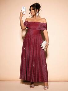 Cravure Elegantes Abendkleid, Off-Shoulder, Glitzer, Große Größen - Bordeaux - Übersicht 5
