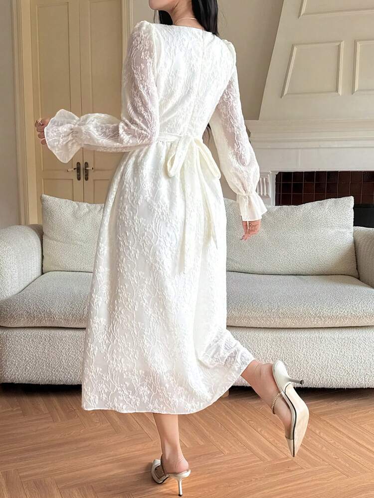 Women's Round Neck Jacquard Pleated Elegant Waist Midi Dress For Party