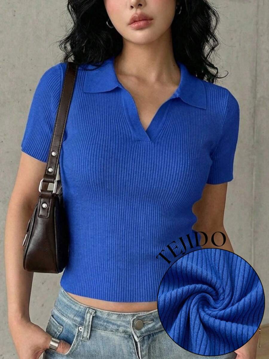 V领露脐上衣 - azul rey - 查看 1