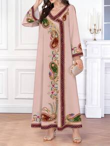 SHEIN Najma 腰果花几何刺绣印花V领女士长袖连衣裙，优雅阿拉伯时尚服饰，春夏款 - 彩色 - 查看 4