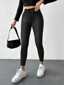 EURMUSE 97% Cotton Solid Skinny Cropped Jeans - Black - View 5