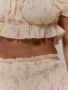 MUSERA 露肩褶皱蝴蝶结花卉短款上衣，搭配腰部褶皱蝴蝶结荷叶边超短裙，套装出售。可爱春季复活节场合少女性感外出母亲节柔美绽放。 - 黃色 - 查看 6