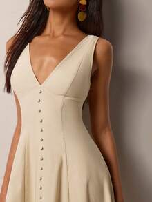 COSMINA Women's Elegant Sleeveless Deep V Buttoned Waist A-Line Mid-Length Dress, Versatile For Commuting, Office, Dating, Evening Party, All Season - Cream - View 6