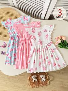 Playful Pals 3件套女童夏季碎花、爱心、蝴蝶印花荷叶边袖连衣裙套装，适合外出、休闲穿着、派对场合 - 彩色 - 查看 1