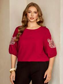 Roveilla 大码女式七分袖优雅刺绣镂空花卉衬衫，休闲工作衬衫，红色女式衬衫，红色长袖上衣，红色刺绣上衣，红色上衣，女士红色衬衫，女士红色上衣，刺绣袖上衣，女士上衣，女士长袖上衣，女士衬衫，女士高级衬衫，连衣裙袖子，女士套头衫，女士最新款上衣，新品上市 - 酒紅色 - 查看 4