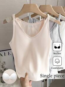 SHEIN Franclia Women's Elegant Versatile Mesh Lace Patchwork Backless Slim Fit T-Shirt, Summer Women Vest Top Simple Tops Basic Women Tops - Apricot - View 1