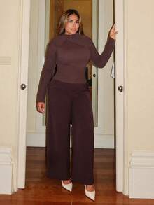 Maria Perezxox 女士高领紧身长袖毛衣，咖啡棕色，秋冬款 - 咖啡棕 - 查看 5