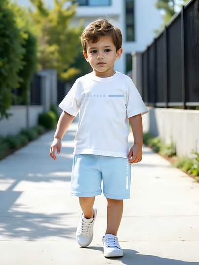 SHEIN 2pcs/Set Young Boy Summer Casual Short Sleeve T-Shirt And Shorts Set Toddler Summer Outfit