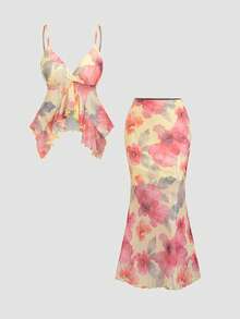 Sweetra Women's Floral Print Camisole And Mini Skirt 2 Pieces Set, Summer - Yellow - View 1